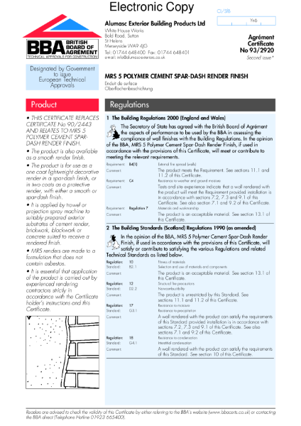 93/2920 MRS 5 Polymer cement spar-dash render finish