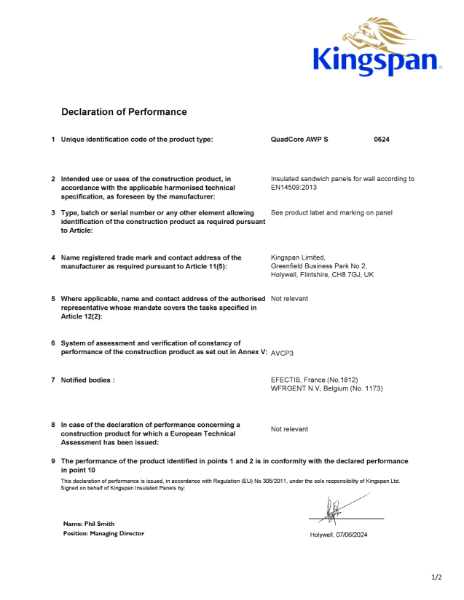 Declaration of Performance QuadCore AWP S 0624