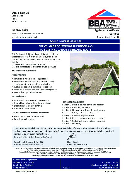03-4003 Roof TX BBA Certificate in cold non-vent roofs Issue 12