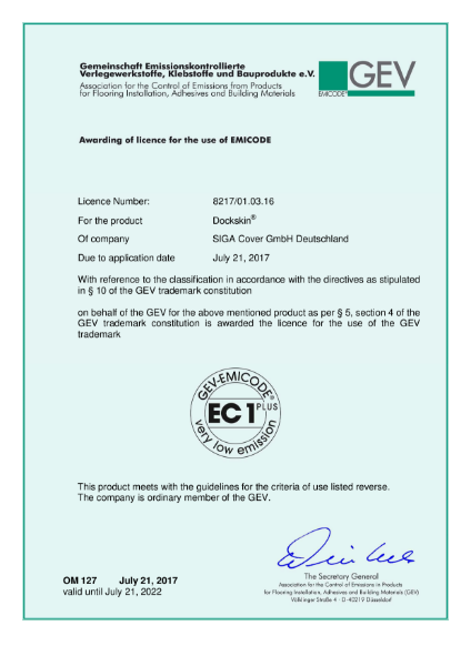 EMICODE certificate SIGA Dockskin 100