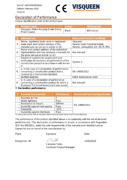 DPC CE Visqueen Zedex Housing Grade Damp Proof Course Declaration of Performance