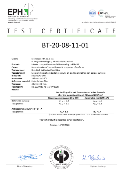 Anti-bacterial Certificate - Compact Laminate