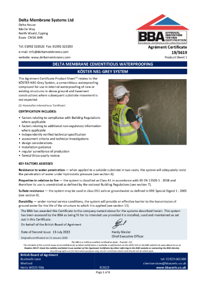 BBA Certificate for Koster NB1 Grey