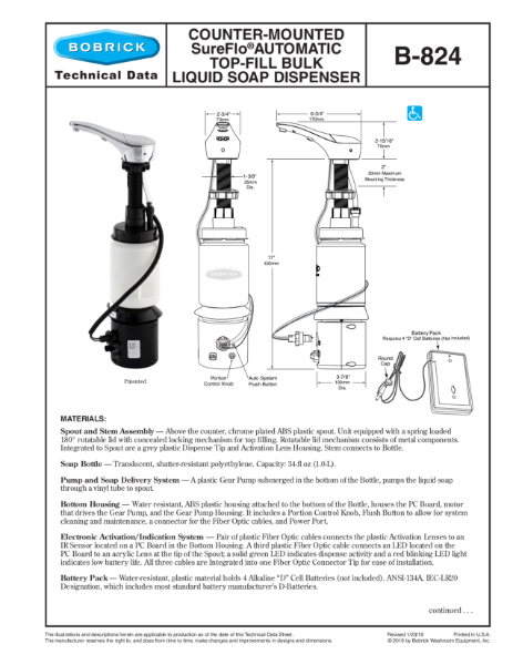Counter-Mounted SureFlo®Automatic Top-Fill Bulk Liquid Soap Dispenser - B-824