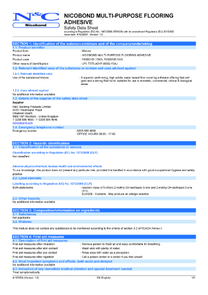Nicobond Multi-purpose Flooring Adhesive Safety Data Sheet
