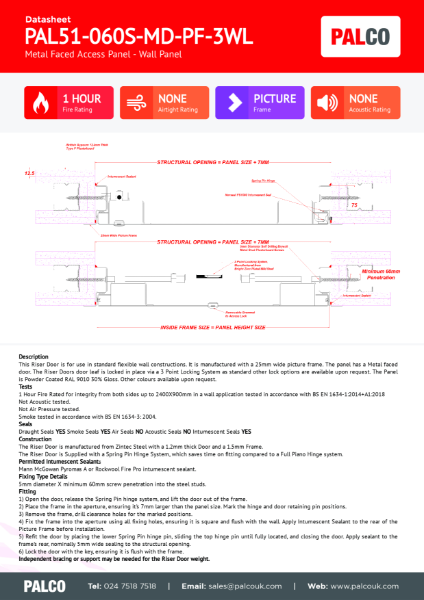 Riser Door Wall Access Fire Rated Smoke Rated Metal Faced Picture Frame 3 Way Lock.