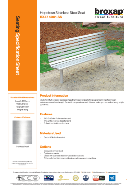 Hopetoun Stainless Steel Seat Specification Sheet