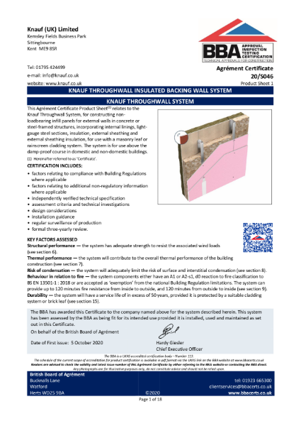 20/S046 Knauf ThroughWall BBA Certificate