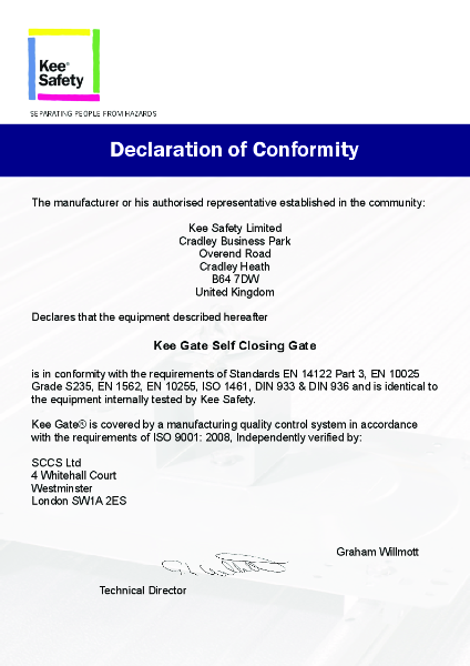 Kee Gate® Self-closing Gate Declaration of Conformity