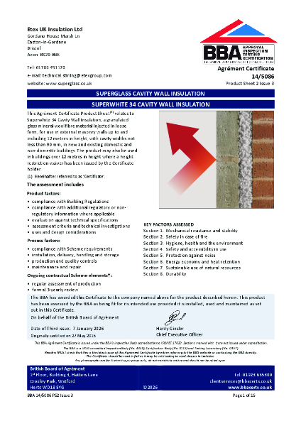 Superglass Superwhite 34 Blown Cavity Wall Insulation - BBA Certificate