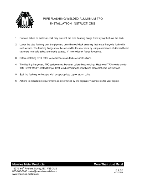 INSTALLATION INSTRUCTIONS - PIPE FLASHING TPO