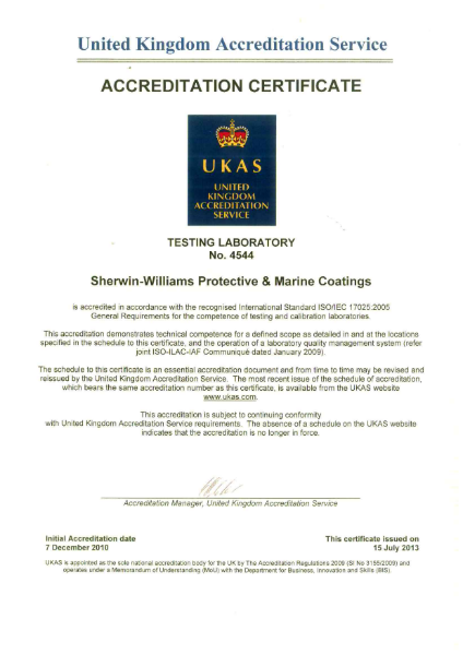 Sherwin-Williams standards certification - UKAS ISO Certificate