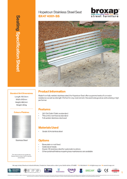 Hopetoun Stainless Steel Seat Specification Sheet