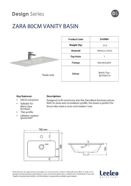 Zara 80 cm Vanity Washbasin