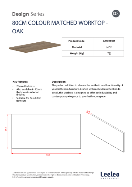 Zara 80 cm Width 18 mm Worktop - Oak