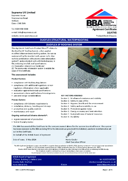 Duoflex - Single Pour Hot Melt Inverted Roof System - BBA Certificate