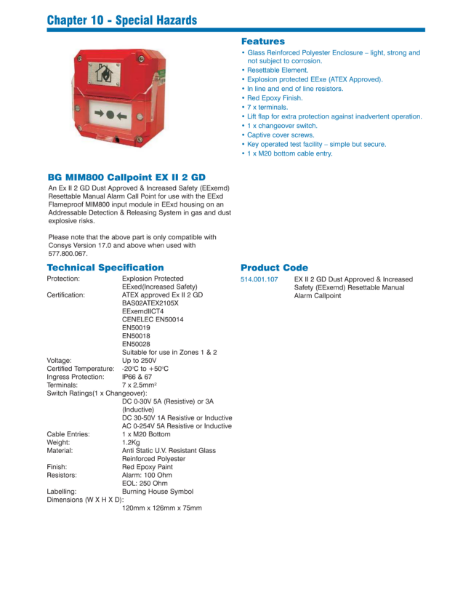 514.001.107 EX II 2 GD Dust Approved Resettable Manual Alarm Callpoint