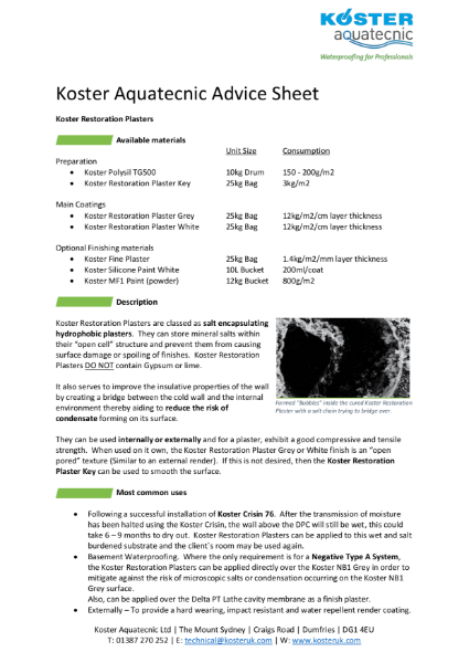 Koster System Advice Sheet - Koster Restoration Plasters