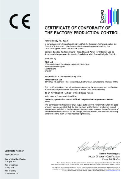 Cemboard Panel World Certificate of Conformity