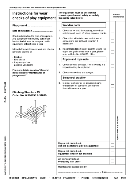 6.51019 - Climbing Structure 19 - Maintenance Instructions