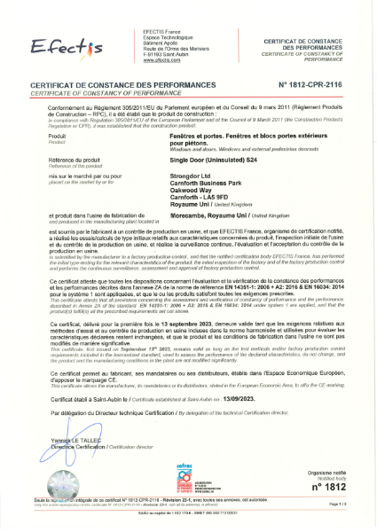 Strongdor Efectis 1812-CPR-2116 Fire Certificate