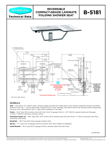 Reversible Solid Phenolic Folding Shower Seat - B-5181