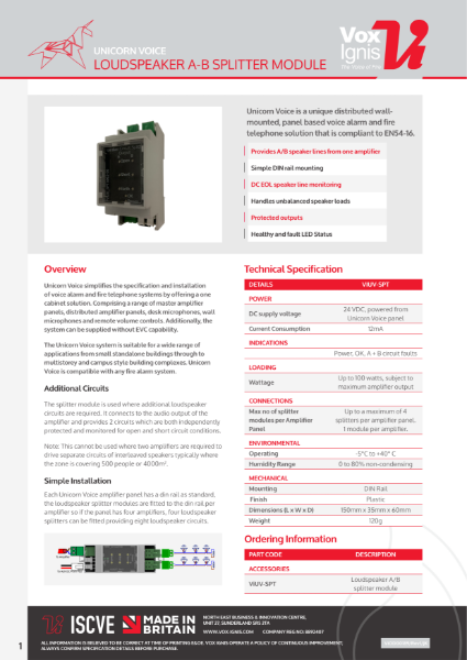 Unicorn Voice Loudspeaker A-B Splitter Module Data Sheet