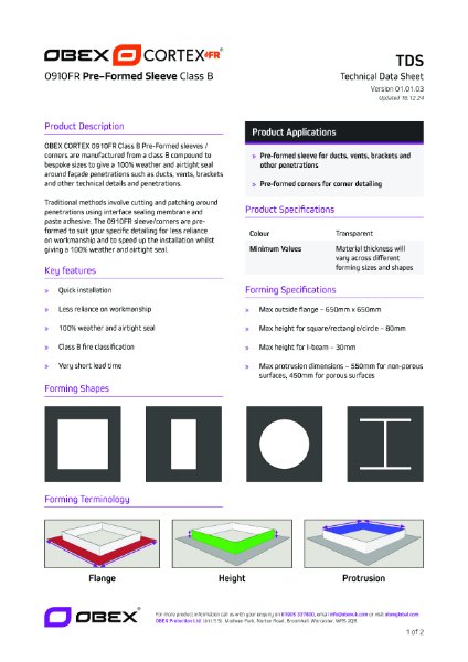 OBEX CORTEX 0910FR Class B Pre-Formed Sleeve TDS_01.01.03