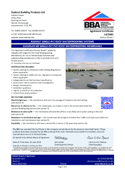 BBA-14-5085-EshaPlan MF Single-PLy PVC Roof Waterproofing Membranes