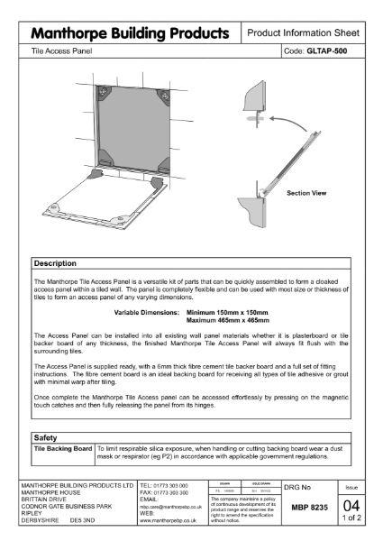 Tile Access Panel Data Sheet