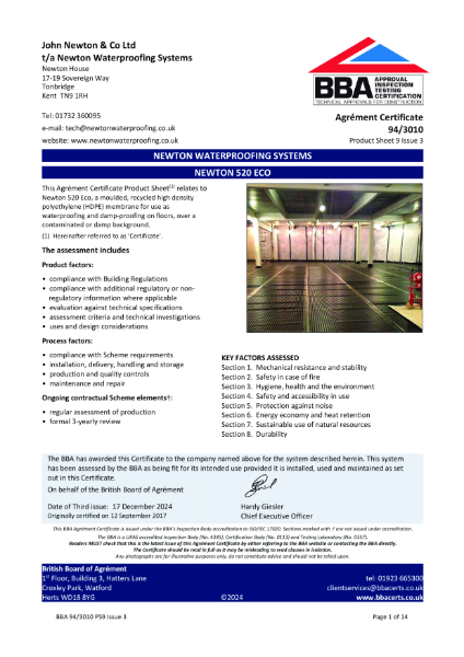 Newton CDM 520 eco Floor - BBA Certificate