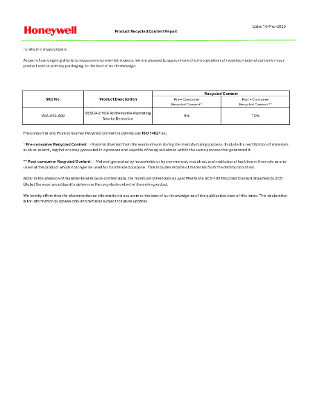 VAE-040-A00 Recycled Content Declaration
