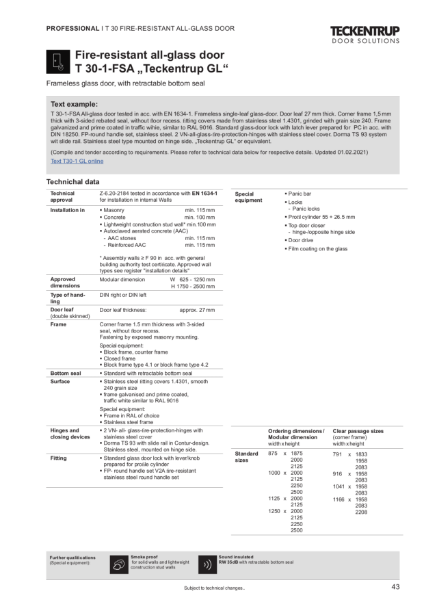 All-Glass Door T30-1-FSA „Teckentrup GL“ (Technical Data)