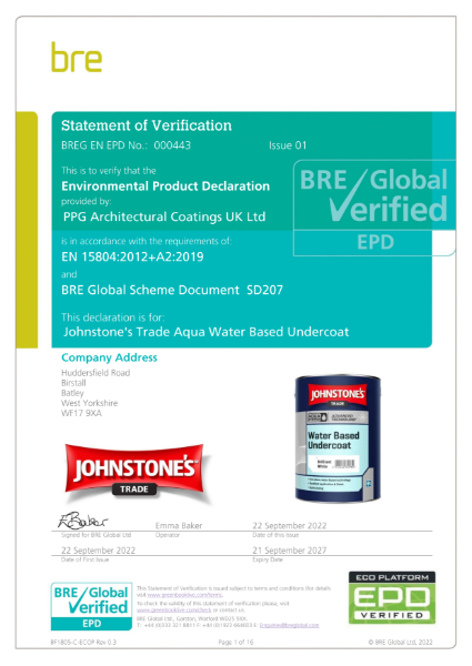 Environmental Product Declaration (EPD) BREG EN EPD No: 000443 - Johnstone's Trade Aqua Water Based Undercoat