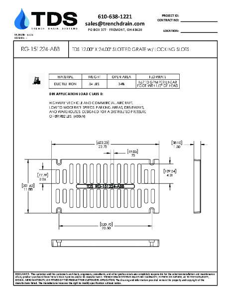TDS 12.00" x 24.00"  Ductile Iron Slotted Grate w/ Locking Slots Class D - RG-151224-ABB