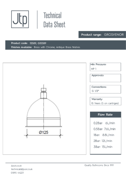 Grosvenor Shower Head 125 mm – Product Data Sheet