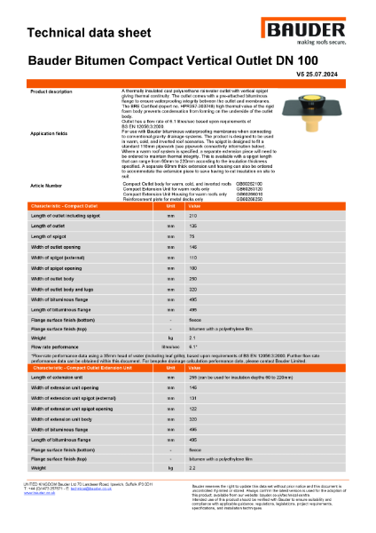 Bauder Bitumen Compact Vertical Outlet DN 100