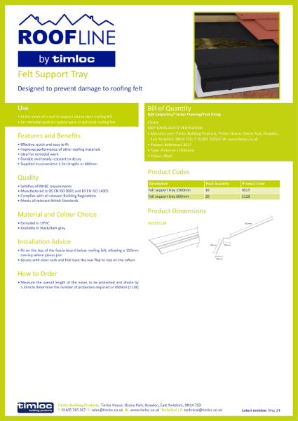 Timloc Building Products Felt Support Tray Datasheet