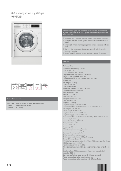 Built in Front Loading Washing Machine, W544BX2GB Datasheet
