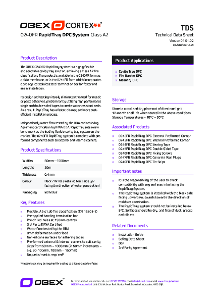 OBEX CORTEX 0240FR RapidTray - Technical Data Sheet