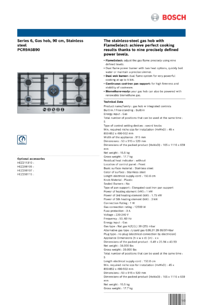 Series 6, Gas hob, 90 cm, Stainless
steel
PCR9A5B90