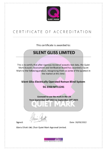 Silent Gliss Elec Roman Quiet Mark Certificate 2022