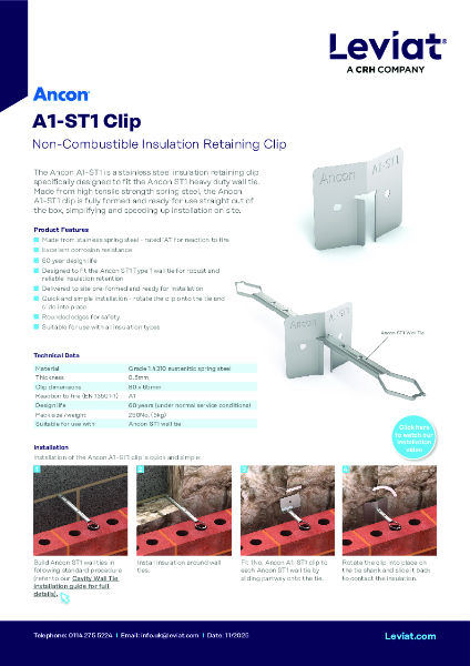 Leviat - Ancon A1-ST1 Non-Combustible Retaining Clip Datasheet