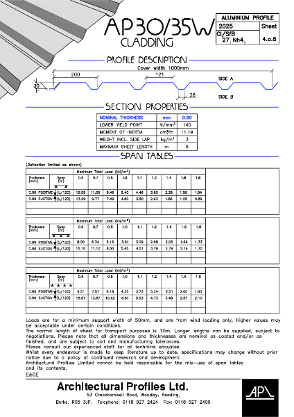 AP 30/35W - Aluminium- Cladding Data Sheet
