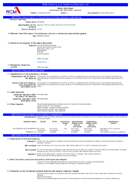 DensGlass Material Safety Data Sheet