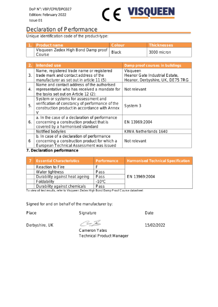DPC CE Visqueen Zedex High Bond Damp Proof Course Declaration of Performance