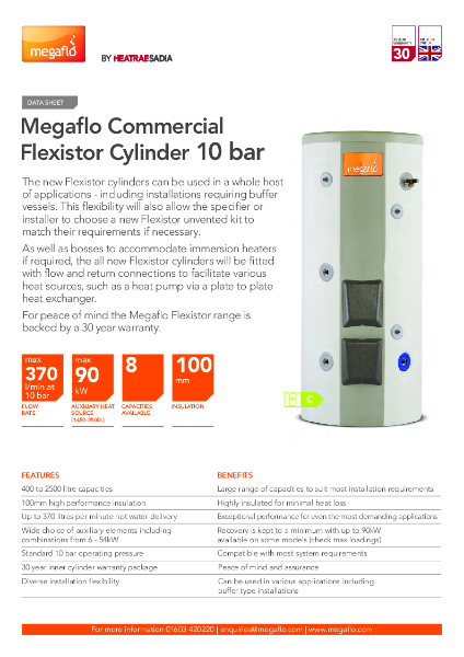Megaflo Commercial Flexistor Cylinder 10 bar - Technical Data Sheet