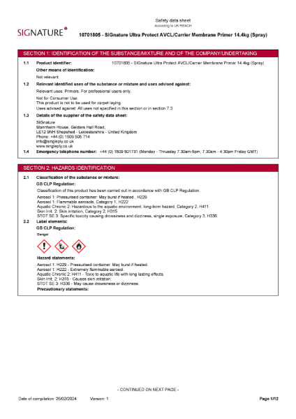 SIGNATURE ULTRA PROTECT AVCL/Carrier Membrane Primer - Safety Datesheet