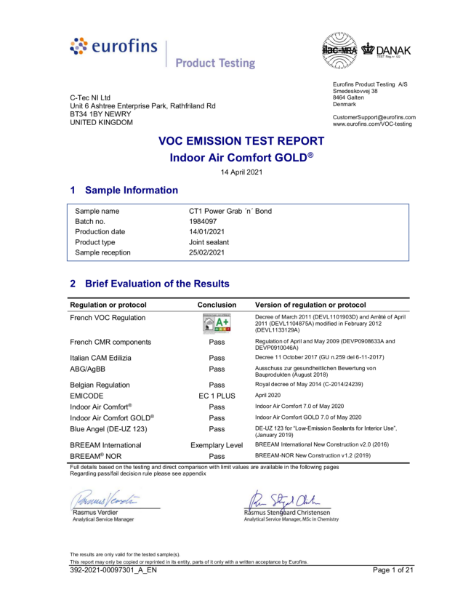 Power Grab 'n' Bond - VOC Test Report - Air Comfort Gold