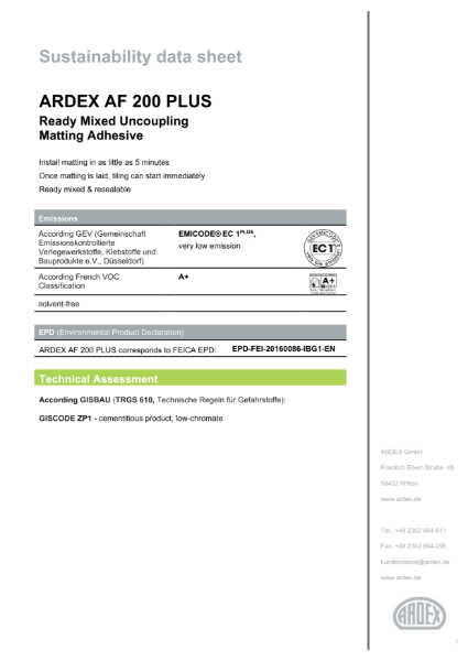 ARDEX AF 200 Sustainability Data Sheet
